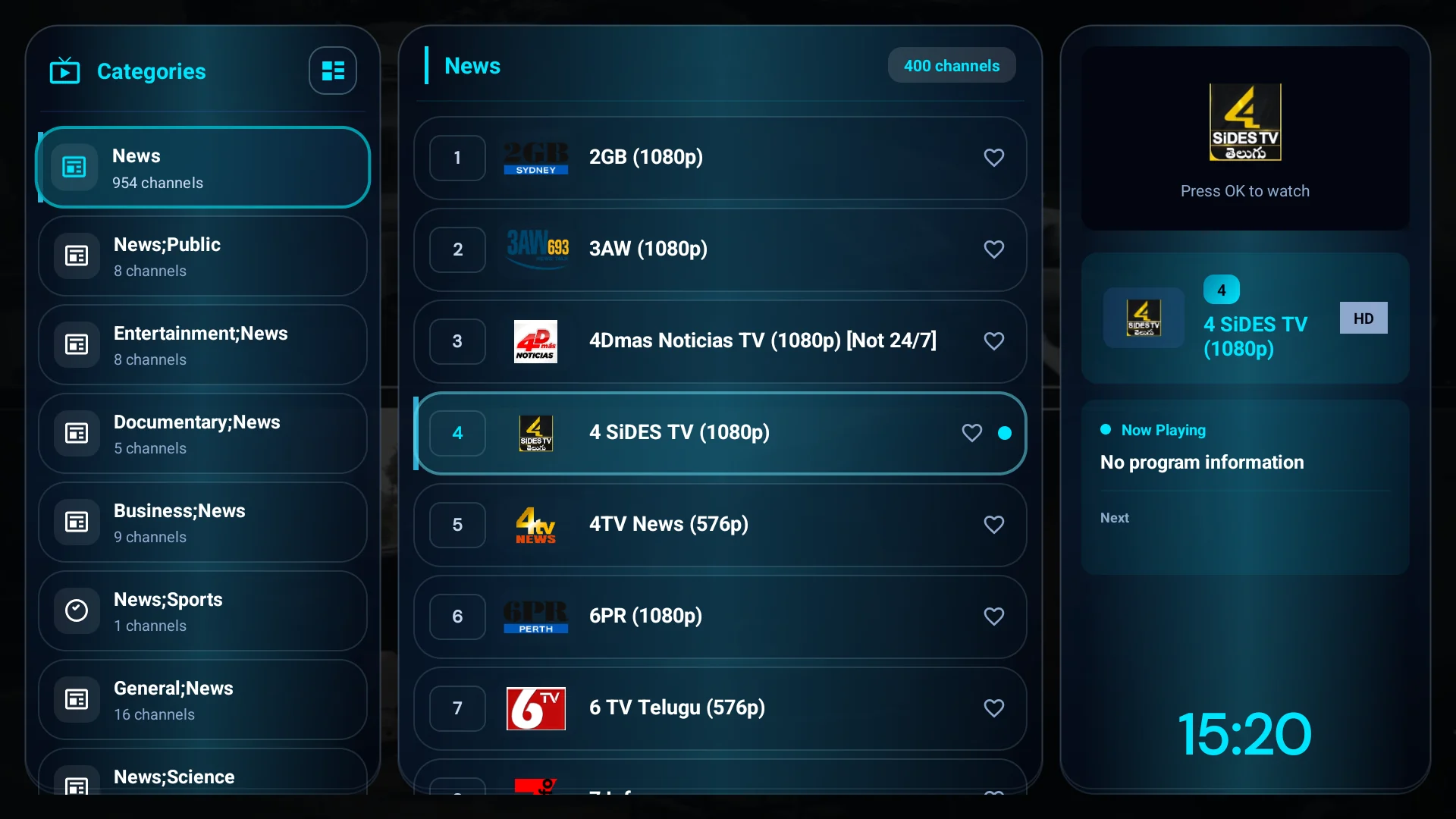 MoPlayer Classic 2.5.0 Live TV: categories, a numbered news channel list and the preview panel on an Android TV