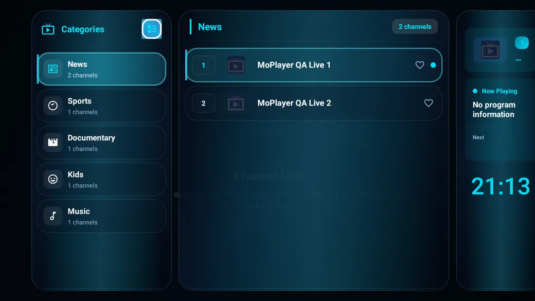 MoPlayer Classic live channel playback